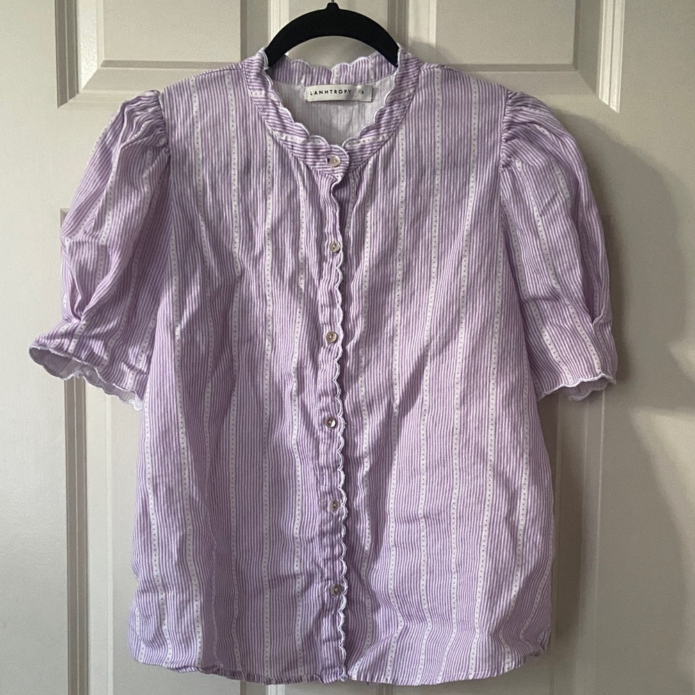 Lanhtropy Lavender Scallop Linen Shirt Purple Striped Puff Sleeve Blouse S